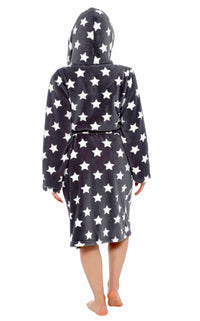 Women's Star Grey Hooded Plush Fleece Robe with Ultra Soft Sherpa Fur Lining and Stylish Star Pattern by Daisy Dreamer Dressing Gown