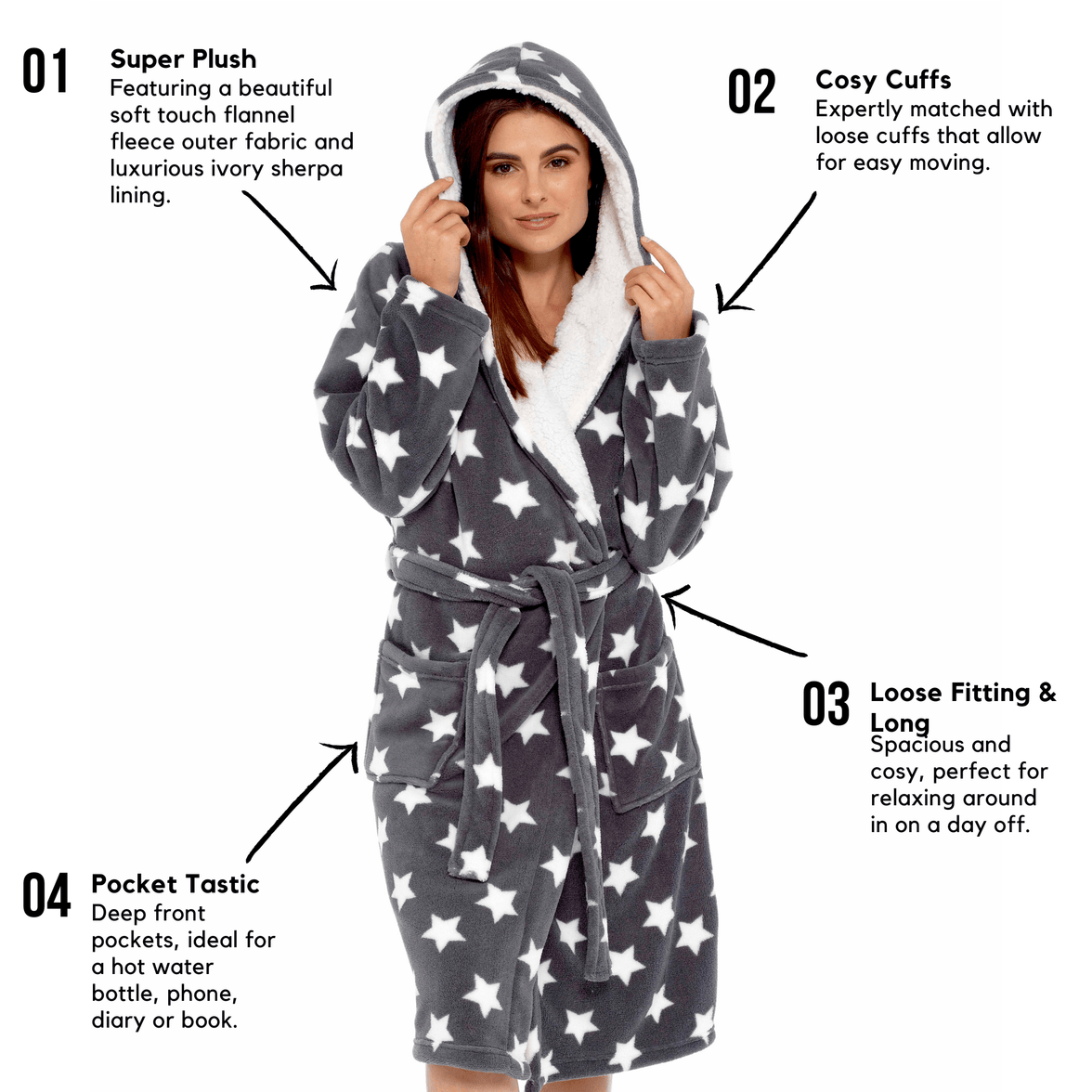 Women's Star Grey Hooded Plush Fleece Robe with Ultra Soft Sherpa Fur Lining and Stylish Star Pattern by Daisy Dreamer Dressing Gown