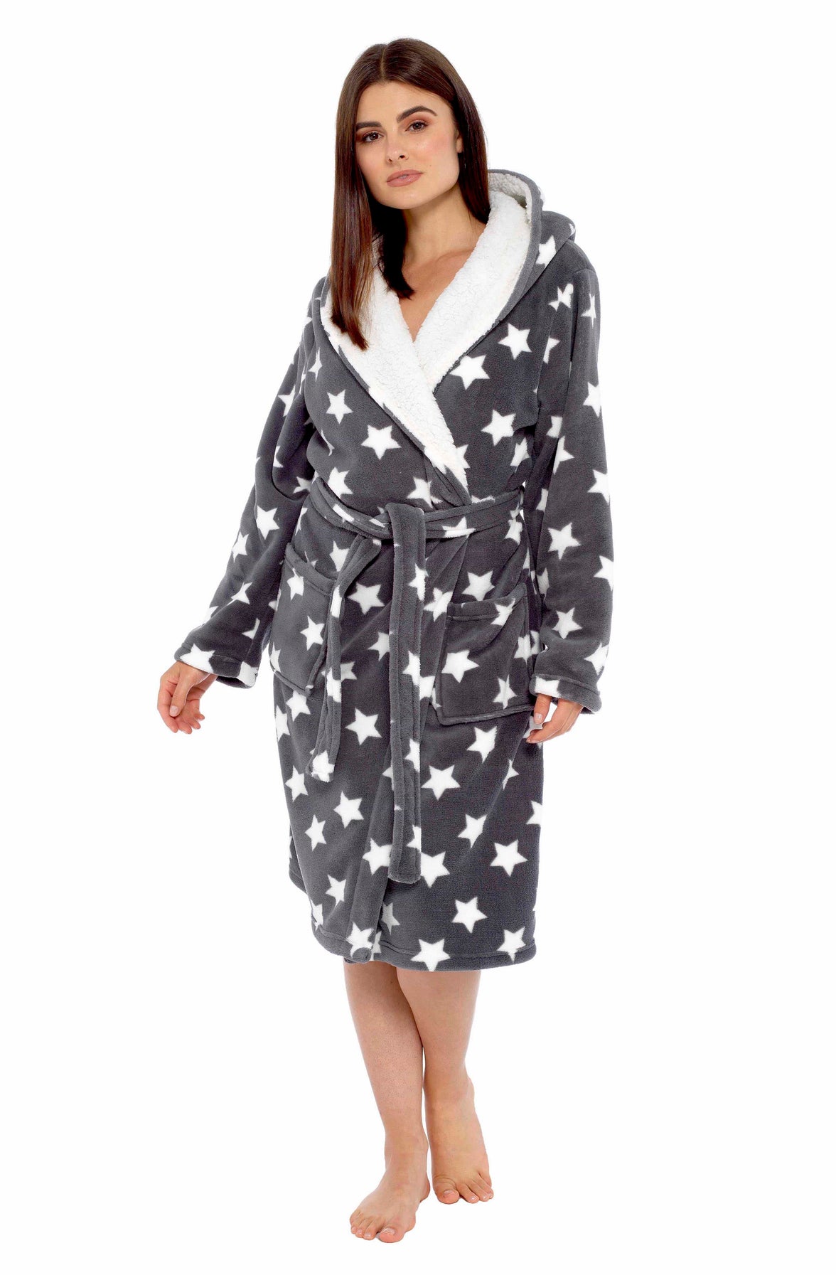 Women's Star Grey Hooded Plush Fleece Robe with Ultra Soft Sherpa Fur Lining and Stylish Star Pattern by Daisy Dreamer Dressing Gown