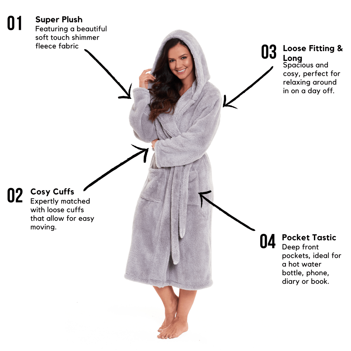 Women's Grey Velvet Touch Hooded Fleece Robe Luxurious Soft Snuggle Lounge Wear Cosy Durable Nightwear UK Sizes 8-22 by Daisy Dreamer Dressing Gown