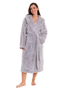 Women's Grey Velvet Touch Hooded Fleece Robe Luxurious Soft Snuggle Lounge Wear Cosy Durable Nightwear UK Sizes 8-22 by Daisy Dreamer Dressing Gown