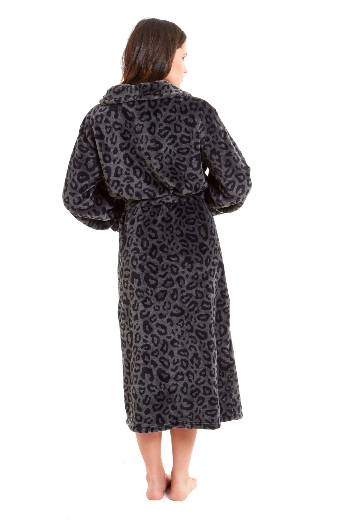 Women's Black Leopard Print Plush Fleece Long Robe with Shawl Collar and Pockets Cozy Loungewear Nightwear by Daisy Dreamer Dressing Gown