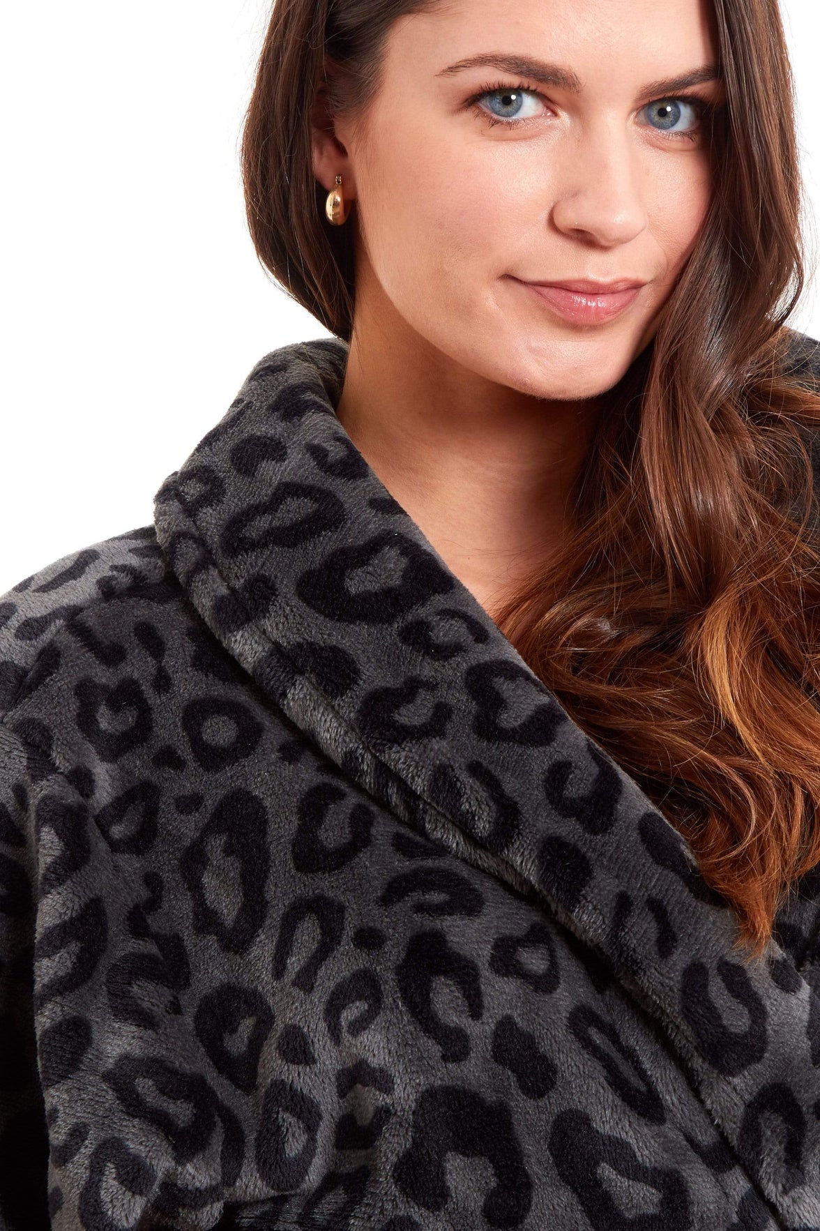 Women's Black Leopard Print Plush Fleece Long Robe with Shawl Collar and Pockets Cozy Loungewear Nightwear by Daisy Dreamer Dressing Gown