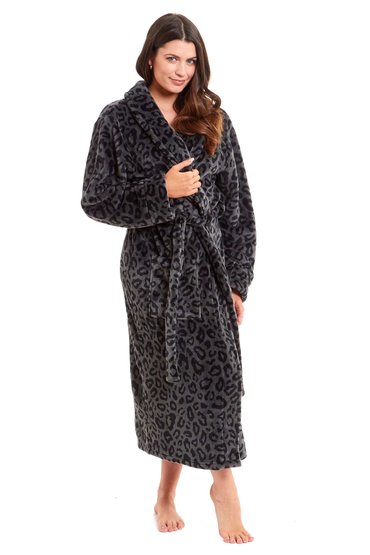 Women's Black Leopard Print Plush Fleece Long Robe with Shawl Collar and Pockets Cozy Loungewear Nightwear by Daisy Dreamer Dressing Gown