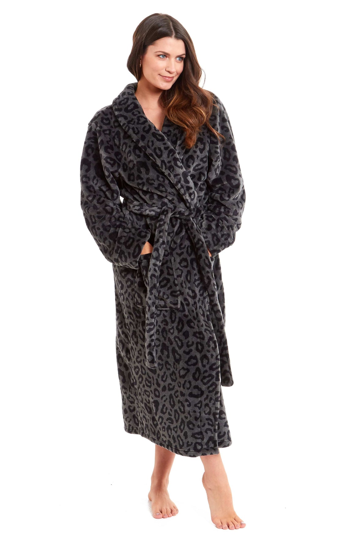 Women's Black Leopard Print Plush Fleece Long Robe with Shawl Collar and Pockets Cozy Loungewear Nightwear by Daisy Dreamer Dressing Gown