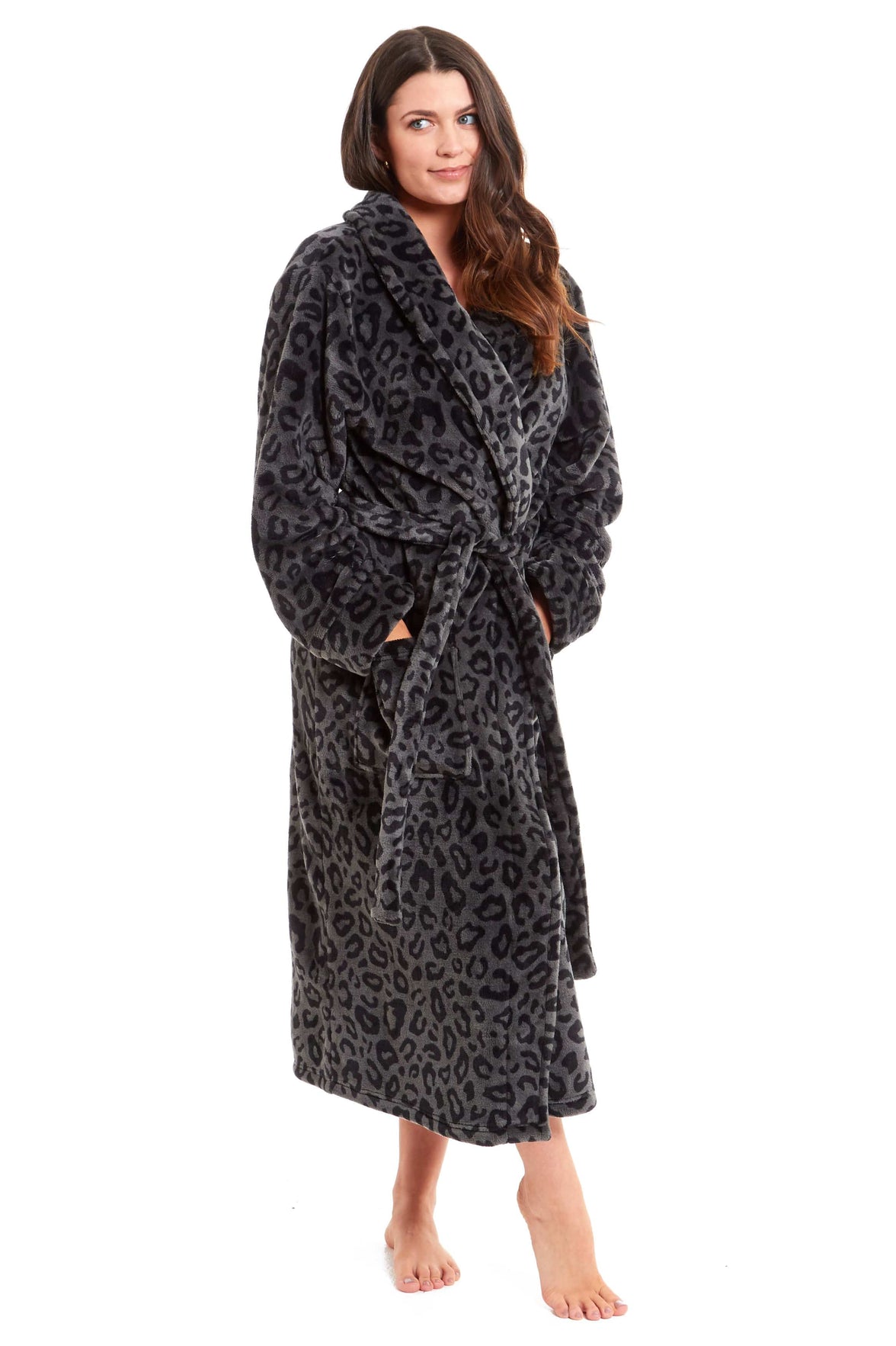 Women's Black Leopard Print Plush Fleece Long Robe with Shawl Collar and Pockets Cozy Loungewear Nightwear by Daisy Dreamer Dressing Gown