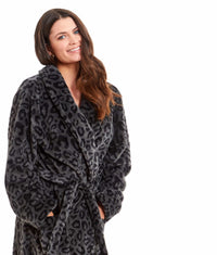 Women's Black Leopard Print Plush Fleece Long Robe with Shawl Collar and Pockets Cozy Loungewear Nightwear by Daisy Dreamer SMALL | UK 8-10 Dressing Gown