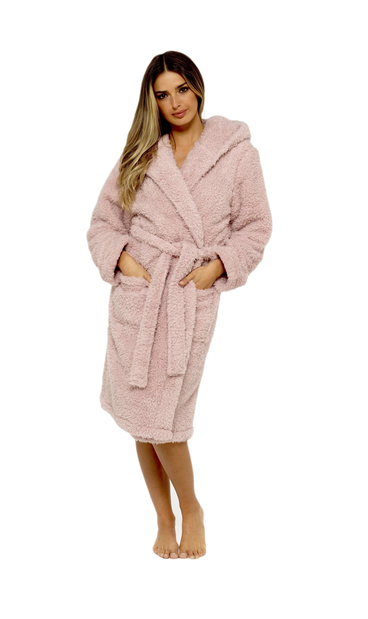 Women's Dusky Pink Teddy Fleece Hooded Robe with Sherpa Lining Ultra-Soft Cosy Dressing Gown for Winter Lounging Various Sizes by Daisy Dreamer Dressing Gown