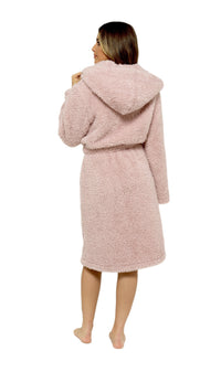 Women's Dusky Pink Teddy Fleece Hooded Robe with Sherpa Lining Ultra-Soft Cosy Dressing Gown for Winter Lounging Various Sizes by Daisy Dreamer Dressing Gown
