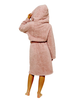 Women's Dusky Pink Teddy Fleece Hooded Robe with Sherpa Lining Ultra-Soft Cosy Dressing Gown for Winter Lounging Various Sizes by Daisy Dreamer Dressing Gown