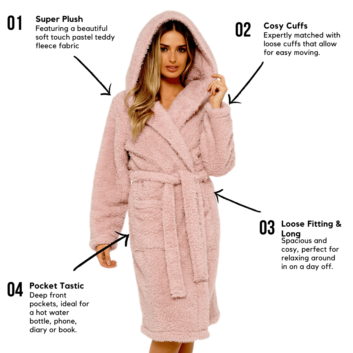 Women's Dusky Pink Teddy Fleece Hooded Robe with Sherpa Lining Ultra-Soft Cosy Dressing Gown for Winter Lounging Various Sizes by Daisy Dreamer Dressing Gown