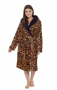 Women's Leopard Plush Fleece Hooded Robe with Sherpa Lining Warm Nightwear UK Sizes 8-22 by Daisy Dreamer Dressing Gown