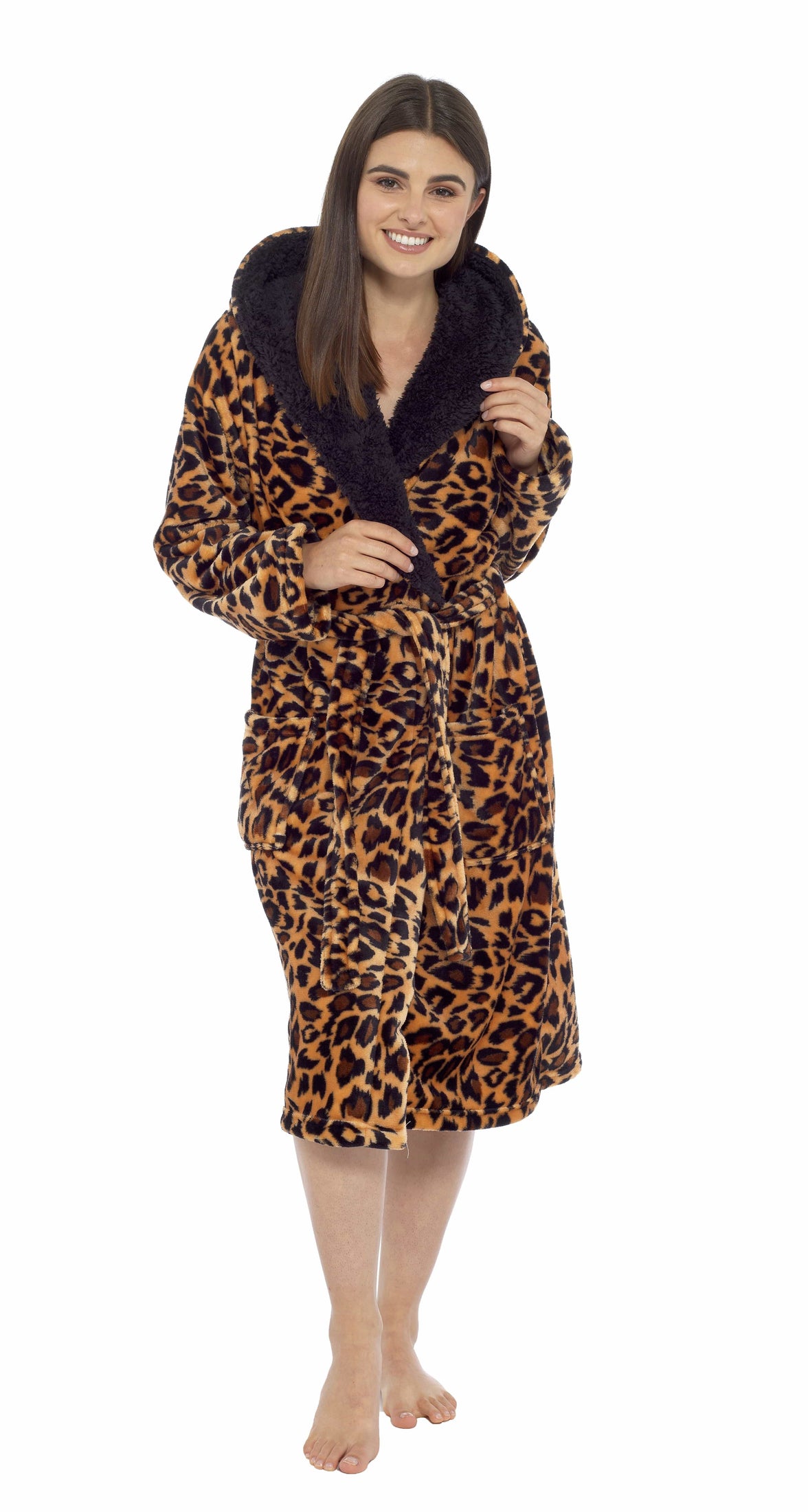 Women's Leopard Plush Fleece Hooded Robe with Sherpa Lining Warm Nightwear UK Sizes 8-22 by Daisy Dreamer Dressing Gown