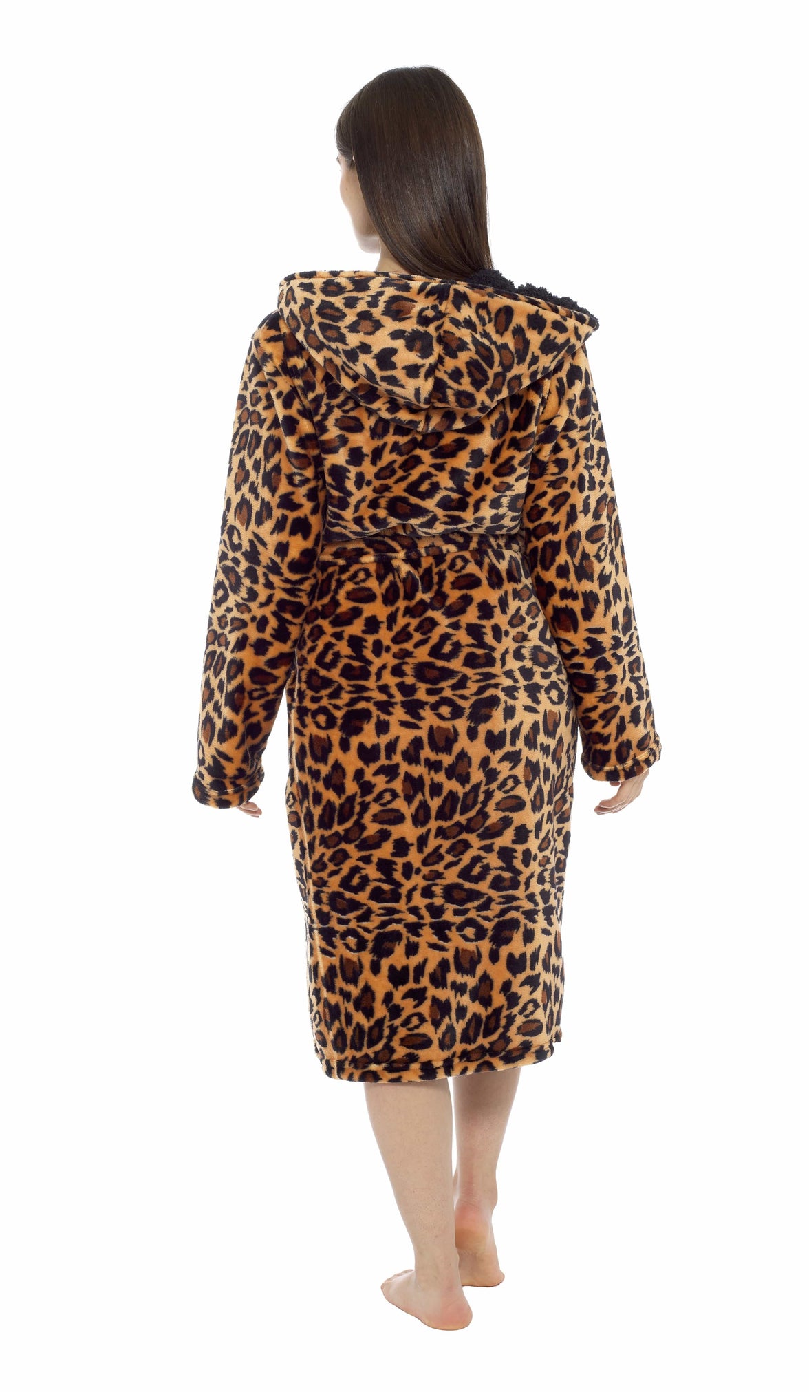 Women's Leopard Plush Fleece Hooded Robe with Sherpa Lining Warm Nightwear UK Sizes 8-22 by Daisy Dreamer Dressing Gown