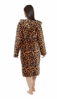 Women's Leopard Plush Fleece Hooded Robe with Sherpa Lining Warm Nightwear UK Sizes 8-22 by Daisy Dreamer Dressing Gown