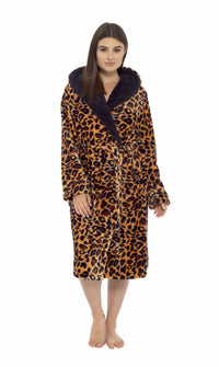 Women's Leopard Plush Fleece Hooded Robe with Sherpa Lining Warm Nightwear UK Sizes 8-22 by Daisy Dreamer Dressing Gown