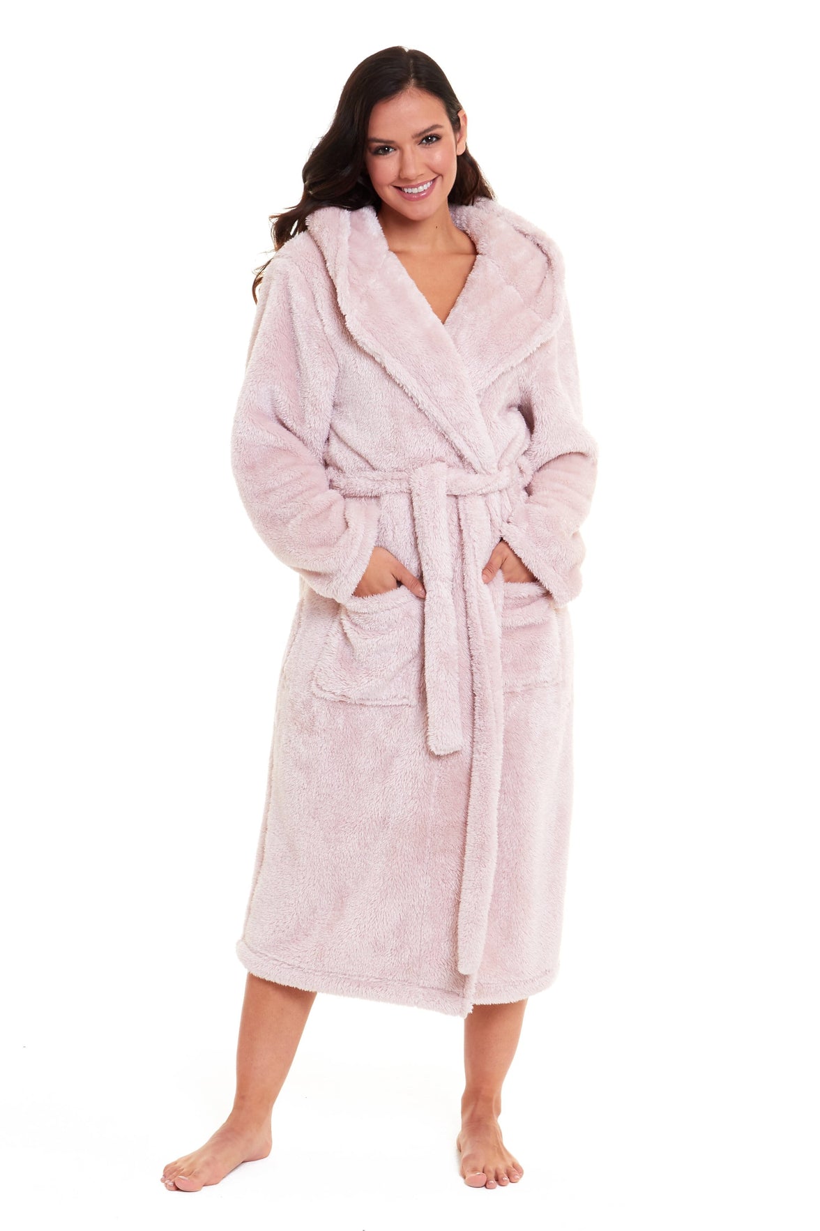 Women's Pink Velvet Touch Fleece Hooded Dressing Gown Ultra-Soft Fluffy Bathrobe Perfect Loungewear for Comfort and Warmth Available in Multiple Sizes by Daisy Dreamer Dressing Gown