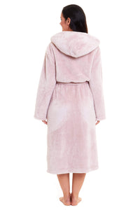 Women's Pink Velvet Touch Fleece Hooded Dressing Gown Ultra-Soft Fluffy Bathrobe Perfect Loungewear for Comfort and Warmth Available in Multiple Sizes by Daisy Dreamer Dressing Gown