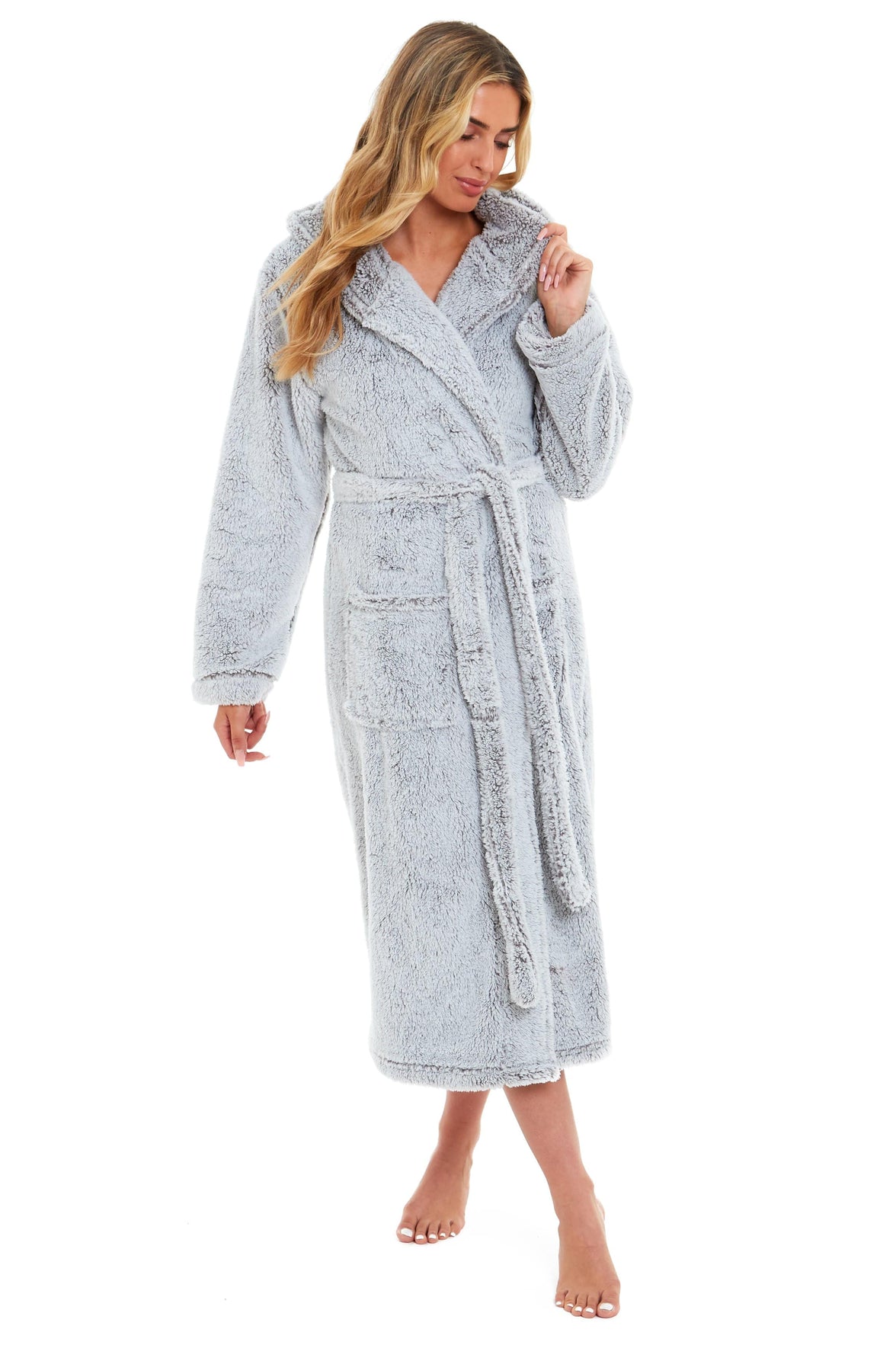 Women's Shimmer Grey Luxurious Velvet Fleece Hooded Dressing Gown for Ultimate Comfort by Daisy Dreamer Dressing Gown
