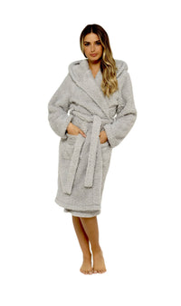 Women's Soft Grey Teddy Fleece Hooded Robe Ultra-Soft Sherpa Lined Cozy Nightwear Warm Dressing Gown by Daisy Dreamer Dressing Gown