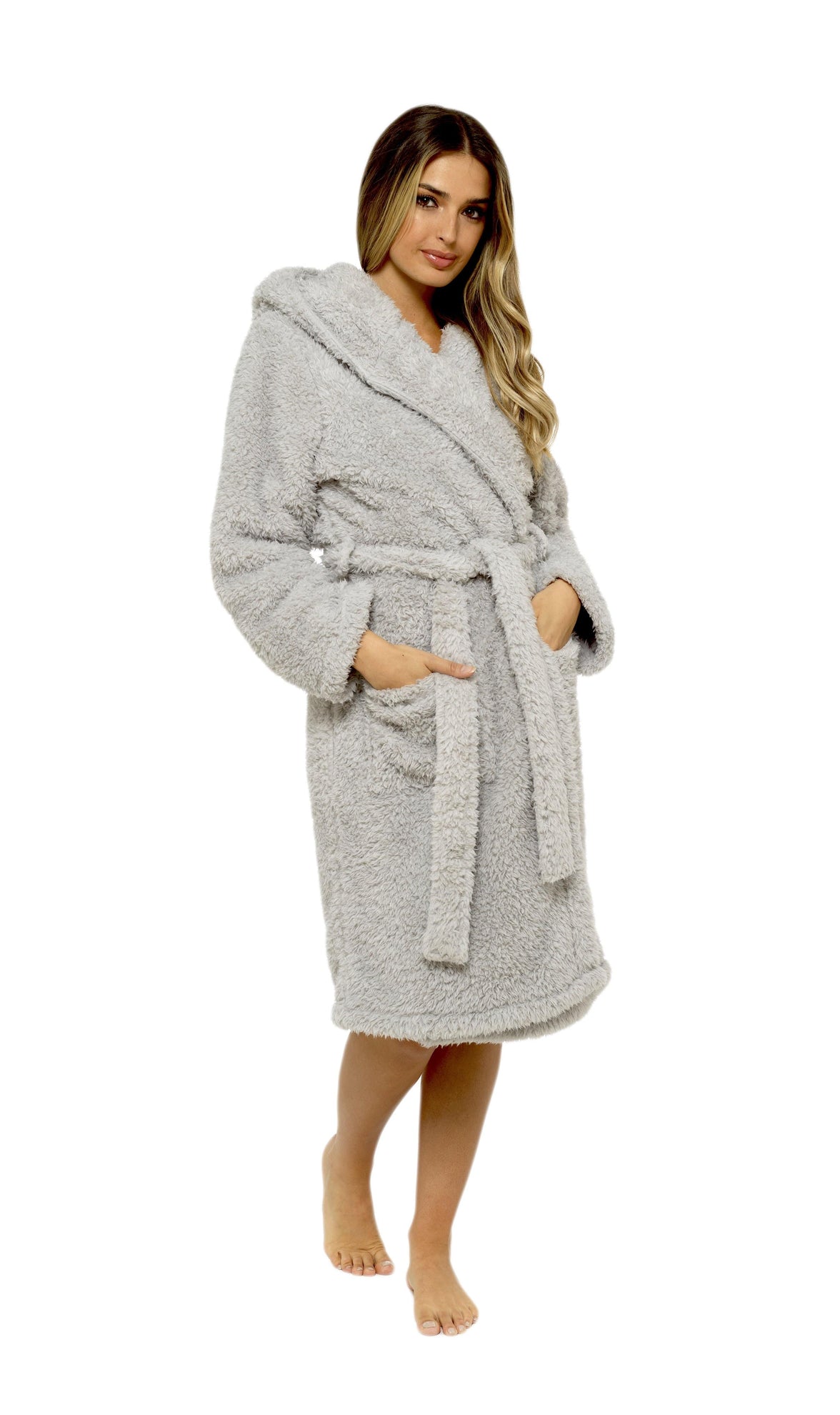 Women's Soft Grey Teddy Fleece Hooded Robe Ultra-Soft Sherpa Lined Cozy Nightwear Warm Dressing Gown by Daisy Dreamer Dressing Gown