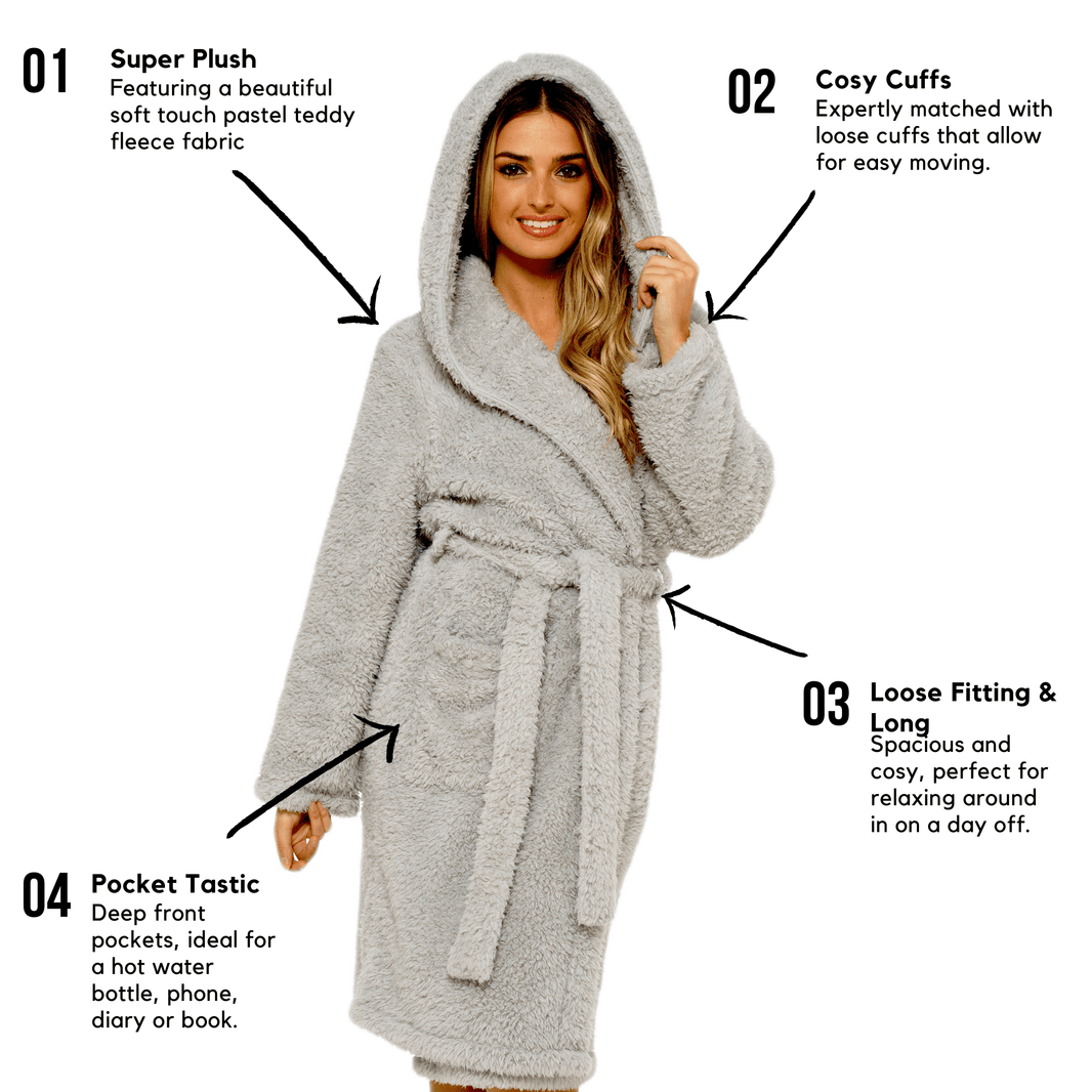 Women's Soft Grey Teddy Fleece Hooded Robe Ultra-Soft Sherpa Lined Cozy Nightwear Warm Dressing Gown by Daisy Dreamer Dressing Gown