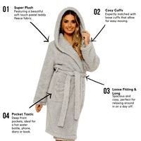 Women's Soft Grey Teddy Fleece Hooded Robe Ultra-Soft Sherpa Lined Cozy Nightwear Warm Dressing Gown by Daisy Dreamer Dressing Gown
