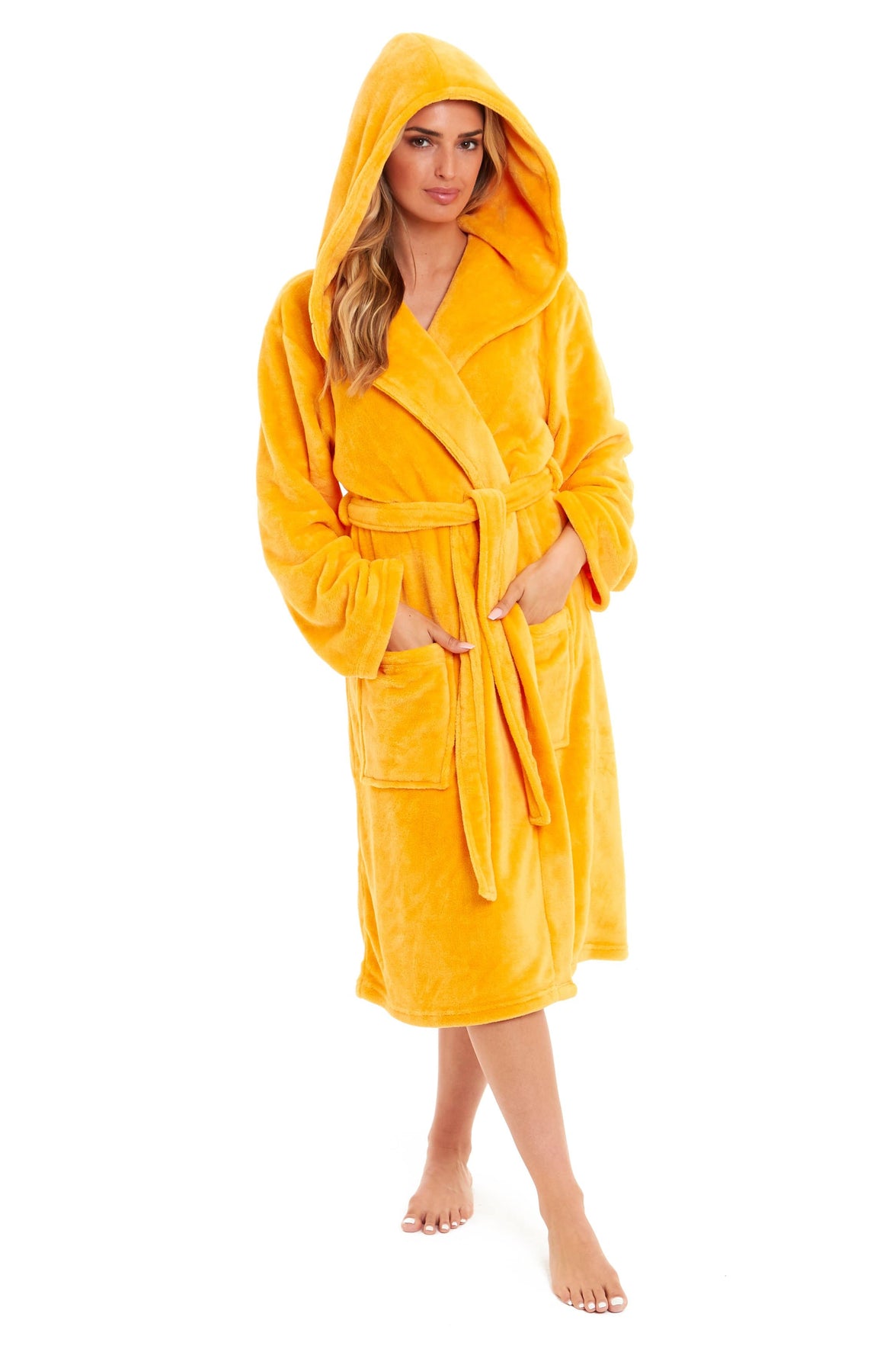 Women's Ultra-Soft Hooded Plush Fleece Dressing Gown Warm Velvet Bathrobe for Lounging and Relaxing in Winter by Daisy Dreamer SMALL | UK 8-10 / MUSTARD Dressing Gown