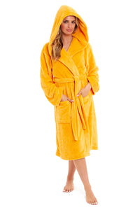 Women's Ultra-Soft Hooded Plush Fleece Dressing Gown Warm Velvet Bathrobe for Lounging and Relaxing in Winter by Daisy Dreamer SMALL | UK 8-10 / MUSTARD Dressing Gown