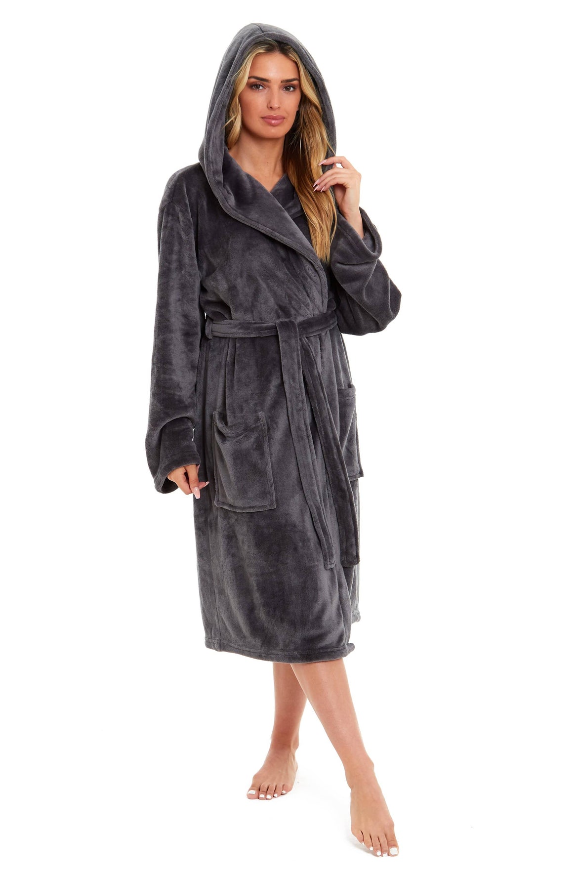 Women's Ultra-Soft Hooded Plush Fleece Dressing Gown Warm Velvet Bathrobe for Lounging and Relaxing in Winter by Daisy Dreamer SMALL | UK 8-10 / CHARCOAL Dressing Gown