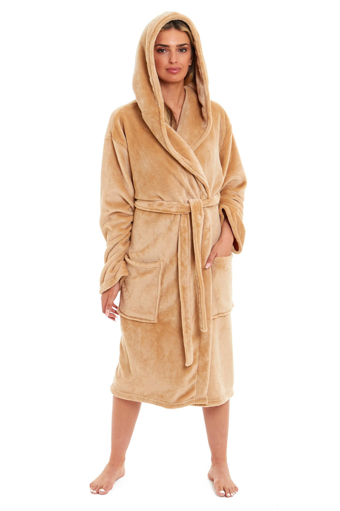 Women's Ultra-Soft Hooded Plush Fleece Dressing Gown Warm Velvet Bathrobe for Lounging and Relaxing in Winter by Daisy Dreamer SMALL | UK 8-10 / GOLD Dressing Gown