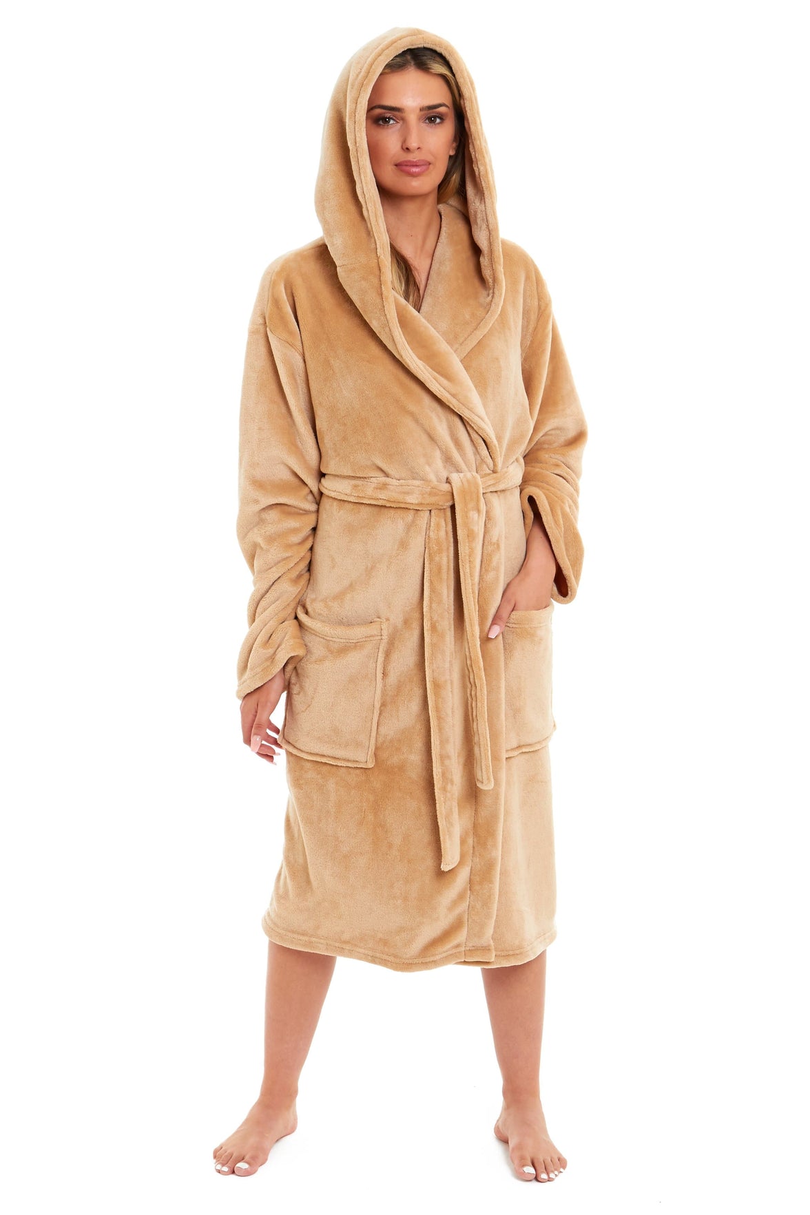 Women's Ultra-Soft Hooded Plush Fleece Dressing Gown Warm Velvet Bathrobe for Lounging and Relaxing in Winter by Daisy Dreamer SMALL | UK 8-10 / GOLD Dressing Gown