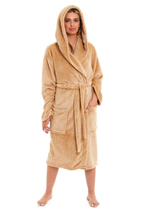 Women's Ultra-Soft Hooded Plush Fleece Dressing Gown Warm Velvet Bathrobe for Lounging and Relaxing in Winter by Daisy Dreamer SMALL | UK 8-10 / GOLD Dressing Gown