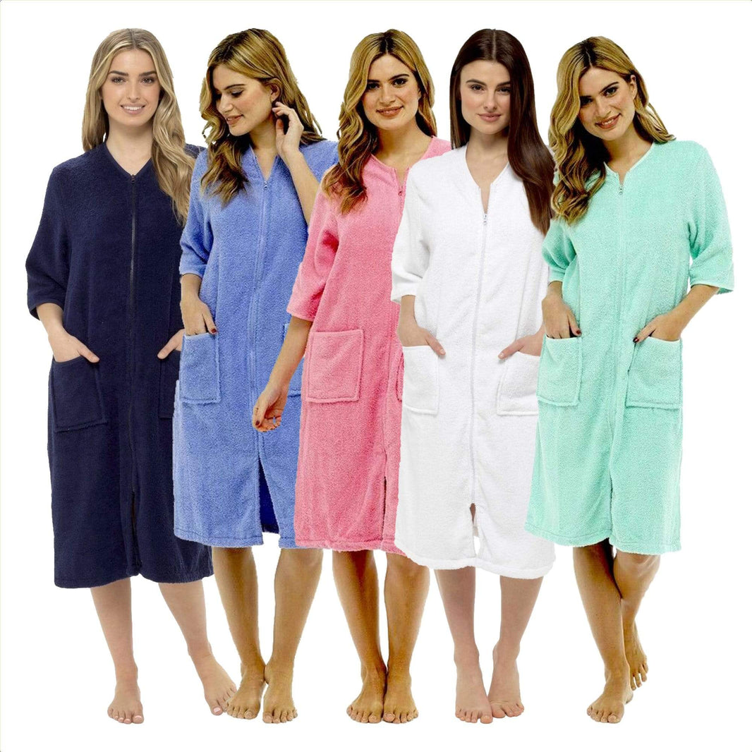 Women's Soft Fluffy Terry Towelling Zip Through Bathrobe 100 Percent Cotton Ultra Absorbent Post-Bath Lounge Wear UK Sizes 8-22 by Daisy Dreamer Dressing Gown