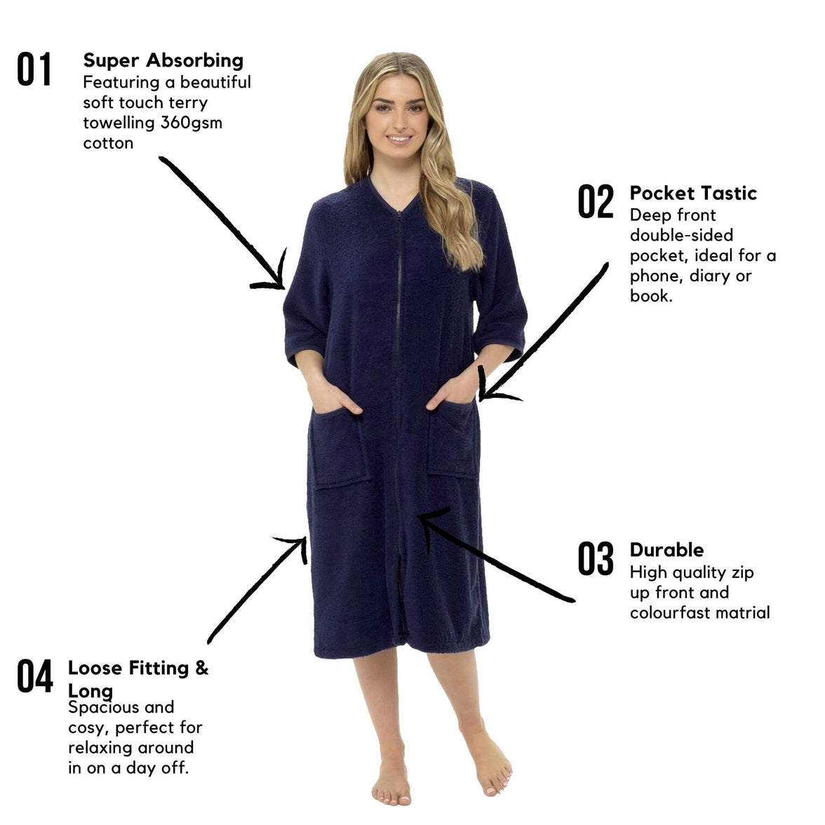 Women's Soft Fluffy Terry Towelling Zip Through Bathrobe 100 Percent Cotton Ultra Absorbent Post-Bath Lounge Wear UK Sizes 8-22 by Daisy Dreamer SMALL | UK 8-10 / NAVY Dressing Gown
