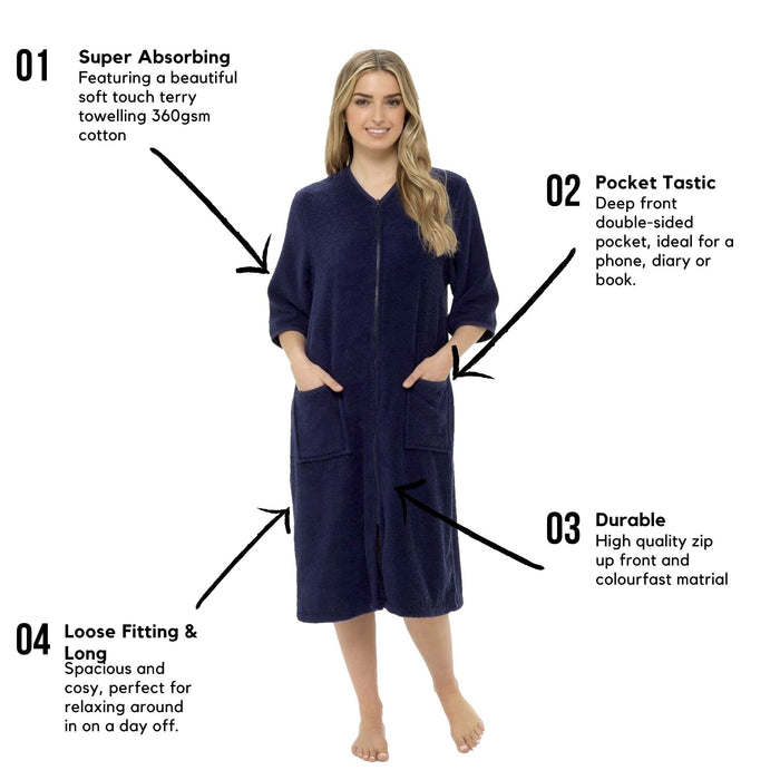 Women's Soft Fluffy Terry Towelling Zip Through Bathrobe 100 Percent Cotton Ultra Absorbent Post-Bath Lounge Wear UK Sizes 8-22 by Daisy Dreamer SMALL | UK 8-10 / NAVY Dressing Gown