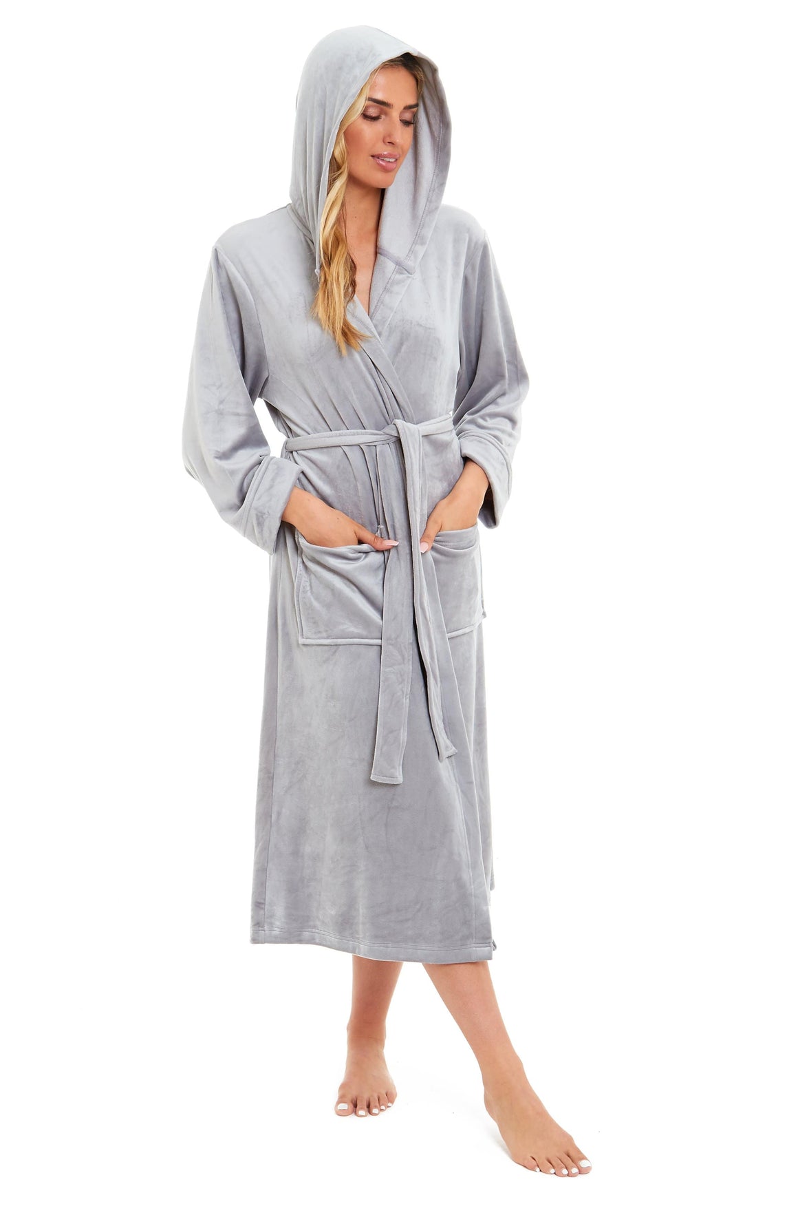 Women's Luxurious Velour Hooded Bathrobe Soft Touch Stretch Loungewear Elegant Comfort by Daisy Dreamer SMALL | UK 8-10 / GREY Dressing Gown