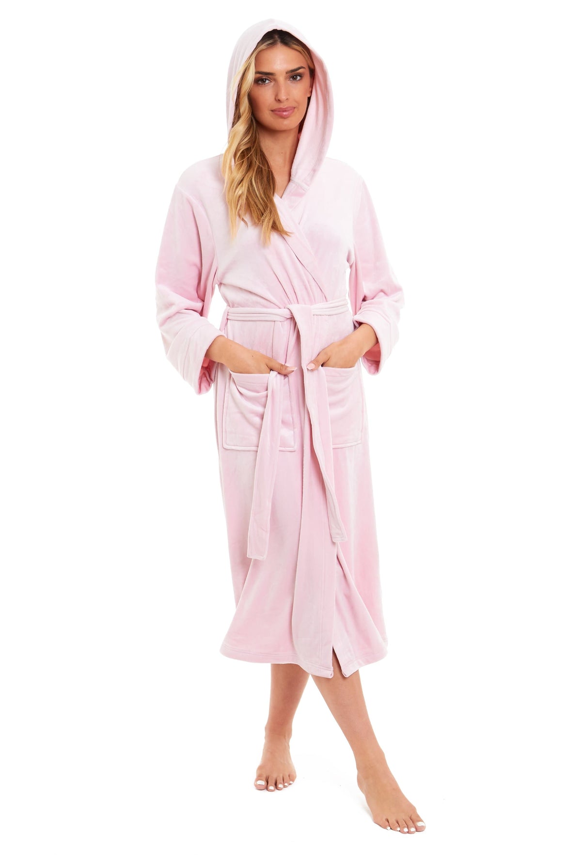 Women's Luxurious Velour Hooded Bathrobe Soft Touch Stretch Loungewear Elegant Comfort by Daisy Dreamer SMALL | UK 8-10 / PINK Dressing Gown