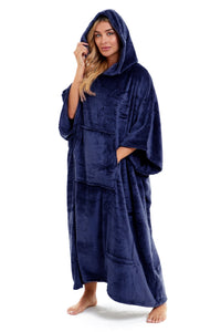 Women's Oversized Hooded Poncho Blanket Ultra-Soft Plush Fleece Giant Hoodie Sweatshirt Navy and Charcoal Lounge Wear with Double Front Pocket for Indoor and Outdoor Use by Daisy Dreamer Hooded Blanket
