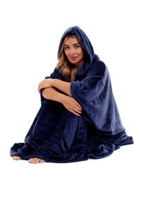 Women's Oversized Hooded Poncho Blanket Ultra-Soft Plush Fleece Giant Hoodie Sweatshirt Navy and Charcoal Lounge Wear with Double Front Pocket for Indoor and Outdoor Use by Daisy Dreamer Hooded Blanket