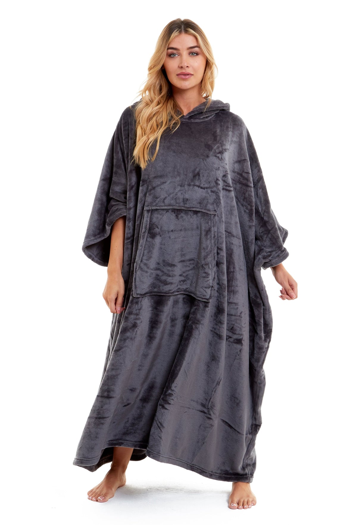 Women's Oversized Hooded Poncho Blanket Ultra-Soft Plush Fleece Giant Hoodie Sweatshirt Navy and Charcoal Lounge Wear with Double Front Pocket for Indoor and Outdoor Use by Daisy Dreamer Hooded Blanket
