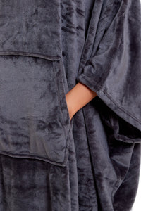 Women's Oversized Hooded Poncho Blanket Ultra-Soft Plush Fleece Giant Hoodie Sweatshirt Navy and Charcoal Lounge Wear with Double Front Pocket for Indoor and Outdoor Use by Daisy Dreamer Hooded Blanket