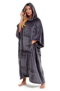 Women's Oversized Hooded Poncho Blanket Ultra-Soft Plush Fleece Giant Hoodie Sweatshirt Navy and Charcoal Lounge Wear with Double Front Pocket for Indoor and Outdoor Use by Daisy Dreamer Hooded Blanket