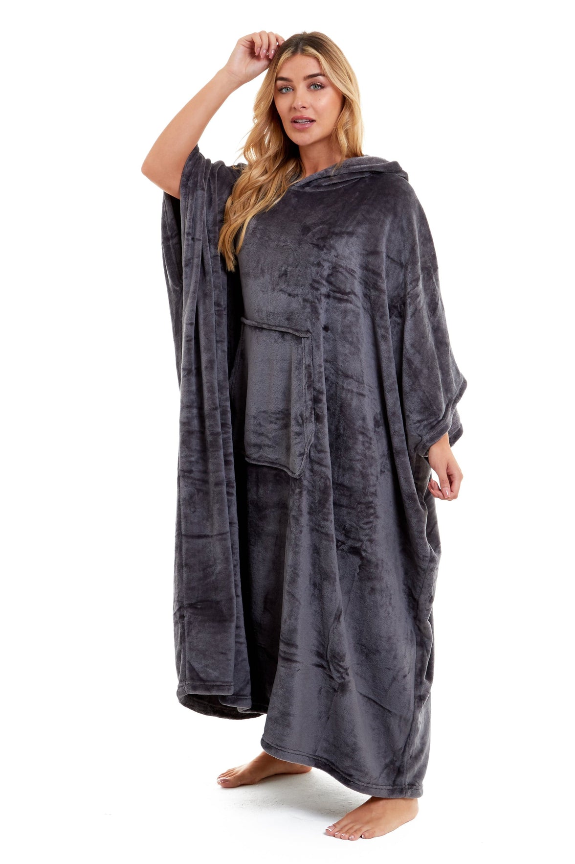Women's Oversized Hooded Poncho Blanket Ultra-Soft Plush Fleece Giant Hoodie Sweatshirt Navy and Charcoal Lounge Wear with Double Front Pocket for Indoor and Outdoor Use by Daisy Dreamer CHARCOAL Hooded Blanket