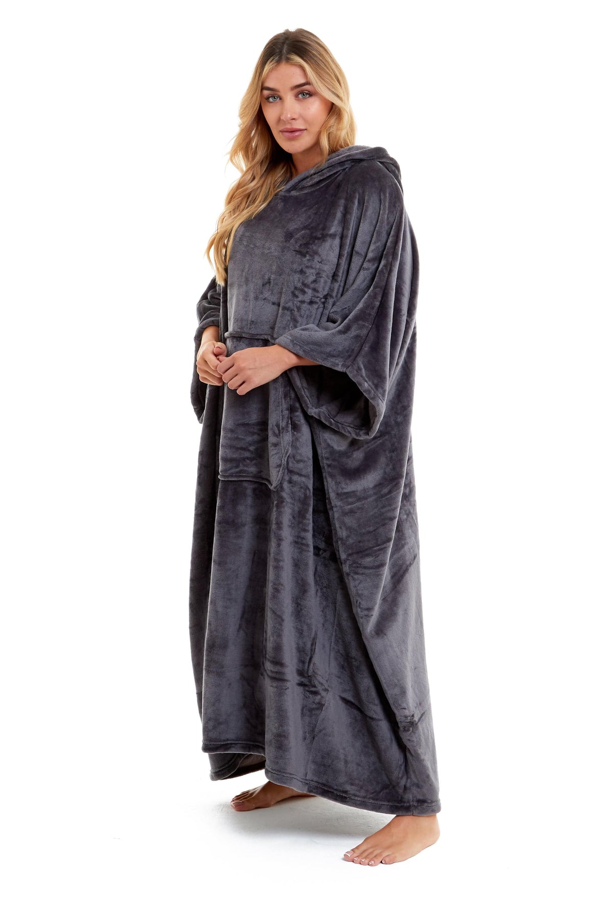 Women's Oversized Hooded Poncho Blanket Ultra-Soft Plush Fleece Giant Hoodie Sweatshirt Navy and Charcoal Lounge Wear with Double Front Pocket for Indoor and Outdoor Use by Daisy Dreamer Hooded Blanket