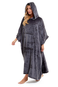 Women's Oversized Hooded Poncho Blanket Ultra-Soft Plush Fleece Giant Hoodie Sweatshirt Navy and Charcoal Lounge Wear with Double Front Pocket for Indoor and Outdoor Use by Daisy Dreamer Hooded Blanket