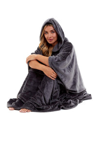 Women's Oversized Hooded Poncho Blanket Ultra-Soft Plush Fleece Giant Hoodie Sweatshirt Navy and Charcoal Lounge Wear with Double Front Pocket for Indoor and Outdoor Use by Daisy Dreamer Hooded Blanket