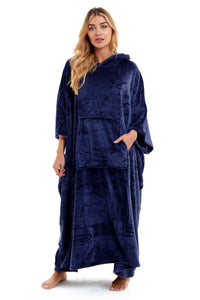 Women's Oversized Hooded Poncho Blanket Ultra-Soft Plush Fleece Giant Hoodie Sweatshirt Navy and Charcoal Lounge Wear with Double Front Pocket for Indoor and Outdoor Use by Daisy Dreamer NAVY Hooded Blanket