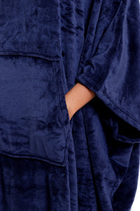Women's Oversized Hooded Poncho Blanket Ultra-Soft Plush Fleece Giant Hoodie Sweatshirt Navy and Charcoal Lounge Wear with Double Front Pocket for Indoor and Outdoor Use by Daisy Dreamer Hooded Blanket