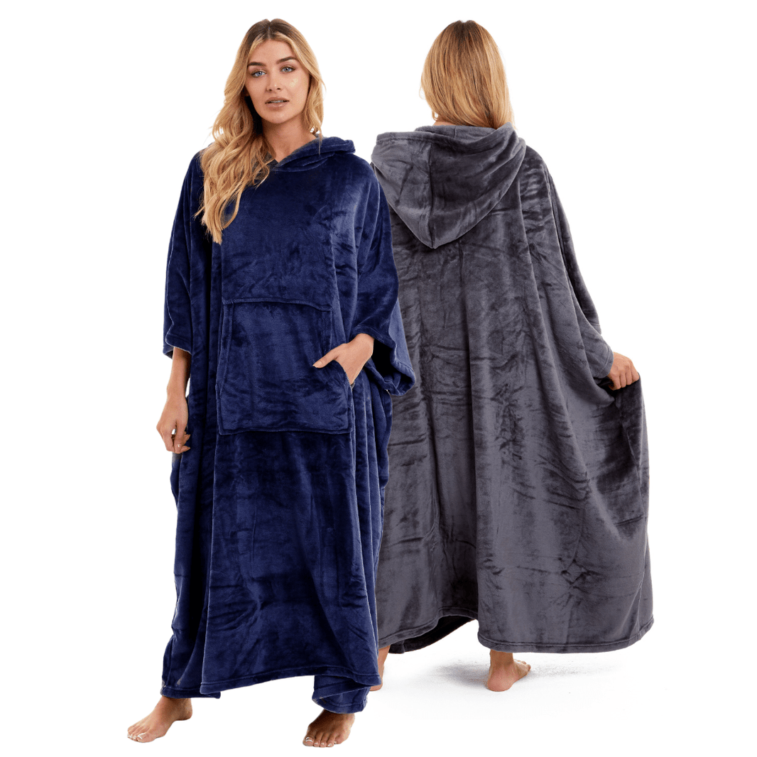 Women's Oversized Hooded Poncho Blanket Ultra-Soft Plush Fleece Giant Hoodie Sweatshirt Navy and Charcoal Lounge Wear with Double Front Pocket for Indoor and Outdoor Use by Daisy Dreamer Hooded Blanket